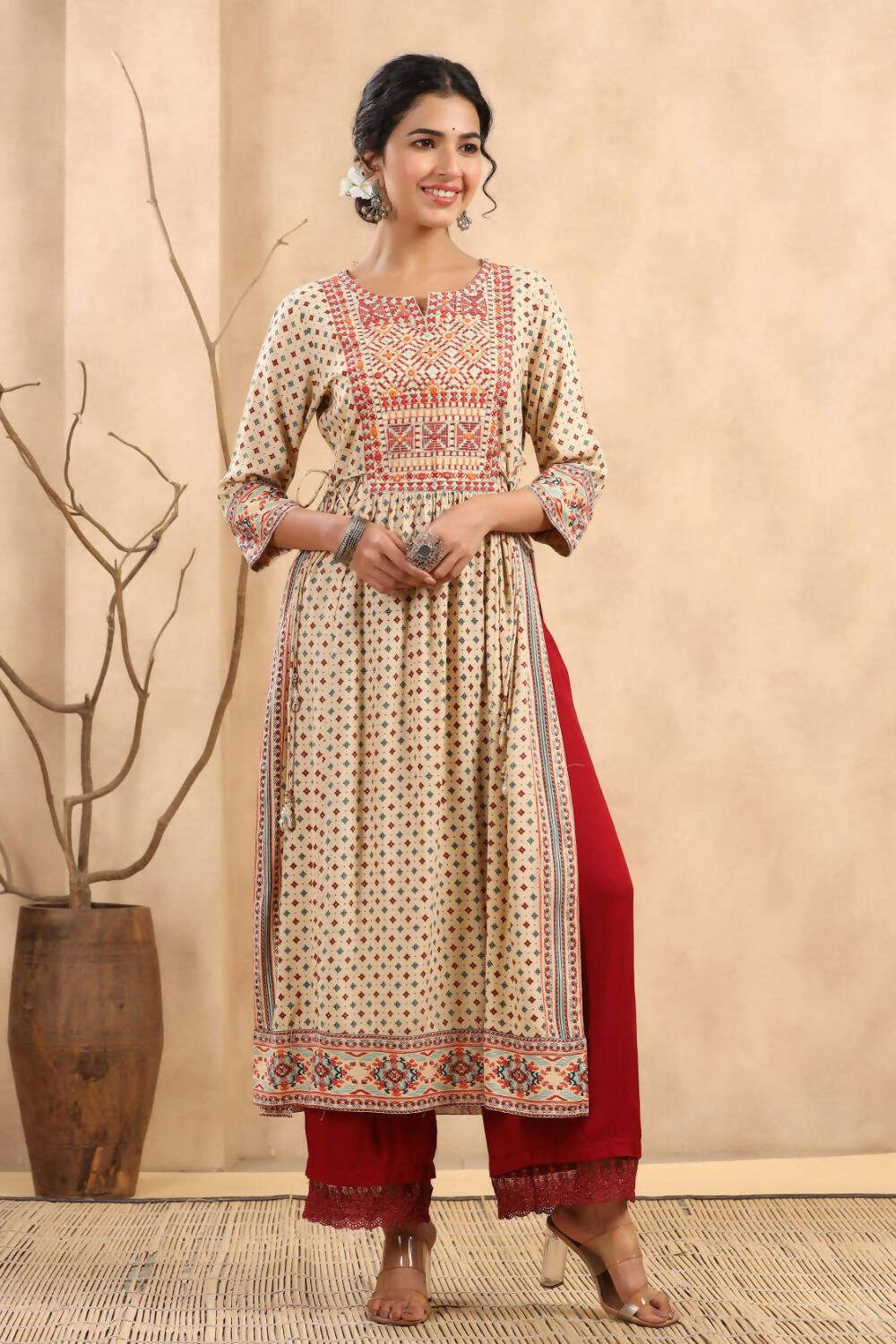 Juniper Women's Beige Rayon Printed Embroidered Straight Kurta | Grocsy