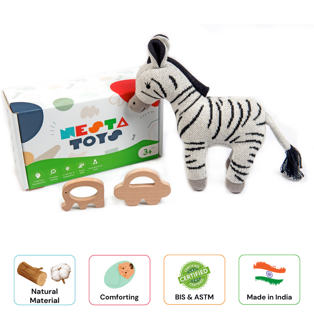 Nesta Toys Newborn Gift Set - Zebra Plush Toy, Wooden Elephant & Car Teether | Grocsy
