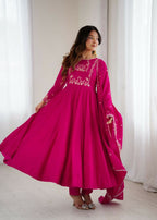 The52 Women's Beautiful Embroidery Work Roman Chanderi Silk Fabric Flared Anarkali Pant and Dupatta Set | Grocsy