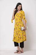 Myshka Women's Crepe Printed Half Sleeve V - Neck Casual Yellow Kurta | Grocsy