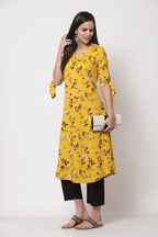 Myshka Women's Crepe Printed Half Sleeve V - Neck Casual Yellow Kurta | Grocsy