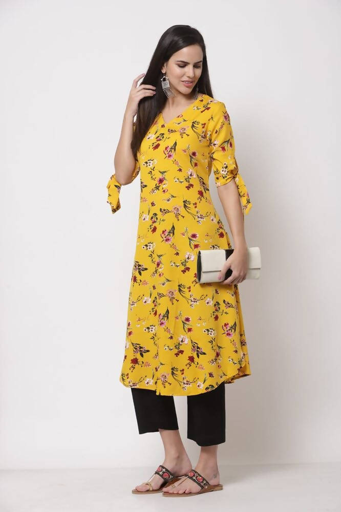 Myshka Women's Crepe Printed Half Sleeve V - Neck Casual Yellow Kurta | Grocsy