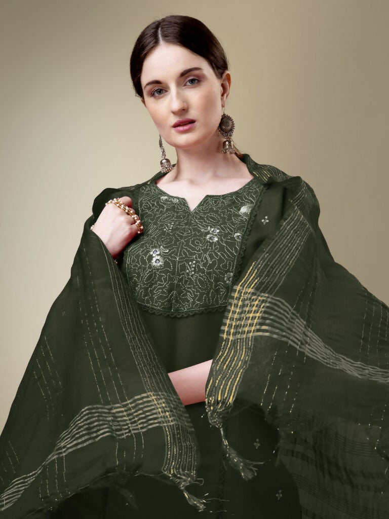 Jyoti Fashion Women's Dark Green Cotton Blend Embroidery & Fancy Lace work Kurta with Trouser & Dupatta | Grocsy