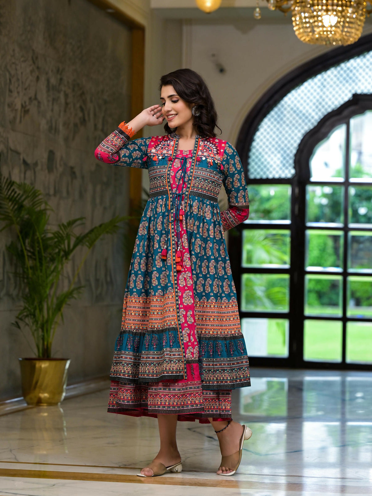 Juniper Women's Teal Ethnic Motif Printed Cotton Dress With Coins Thread & Mirror Work | Grocsy