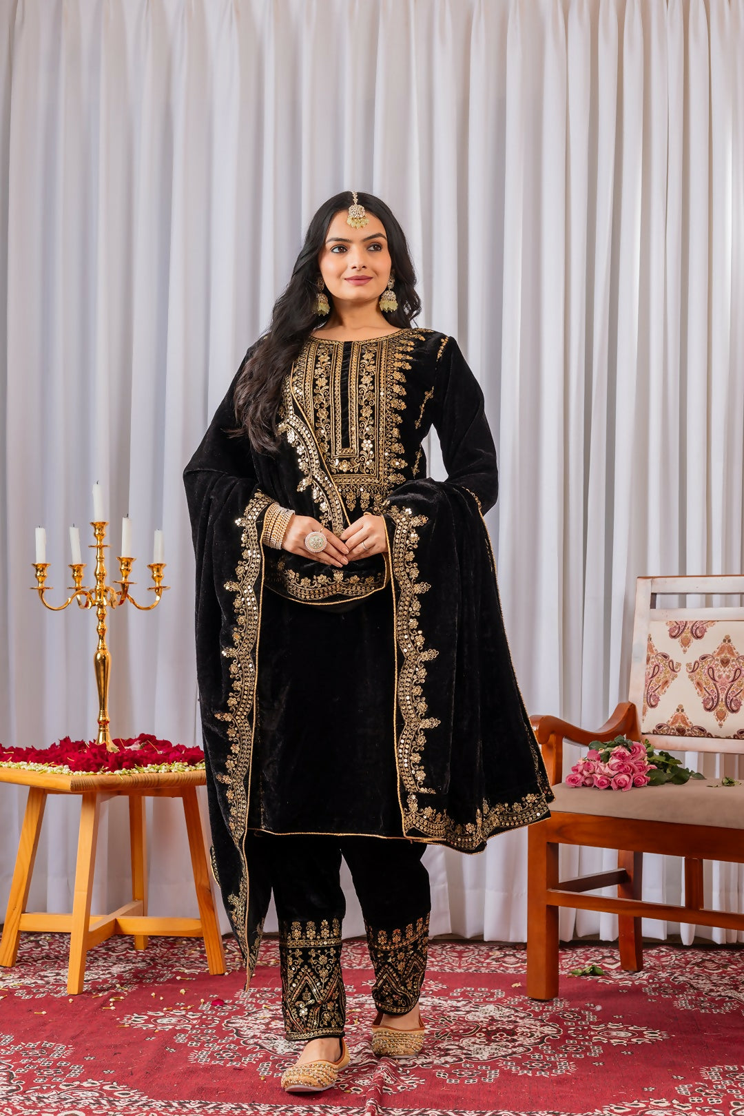 Joban Fashion Black Velvet Sequence Embroidery Work Kurta Set | Grocsy