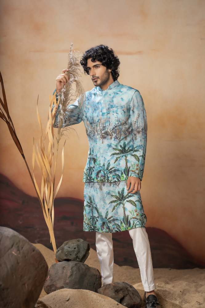 Palm Trees Relaxed Hues Printed Silk Nehru Jacket Set by Hilo Design | Grocsy