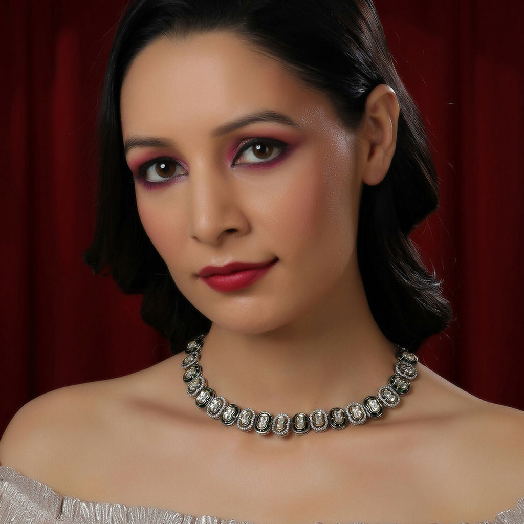 Mufli (peanut) Kundan Neckpiece with Meenakari and American Diamonds (Silver) - Ruby Raang | Grocsy