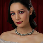 Mufli (peanut) Kundan Neckpiece with Meenakari and American Diamonds (Silver) - Ruby Raang | Grocsy