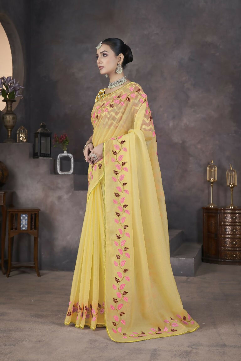 Vastranavya Gold Soft Crush Georgette Thread Embroidery work of Leaf Pattern with Patched Lace Border Saree | Grocsy