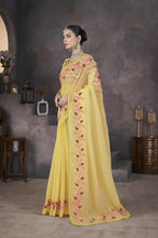 Vastranavya Gold Soft Crush Georgette Thread Embroidery work of Leaf Pattern with Patched Lace Border Saree | Grocsy
