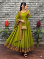 Teeya Creation New Trendy Stylish Olive Green Solid Anarkali Kurta with Traditional Golden Border Dupatta Set | Grocsy