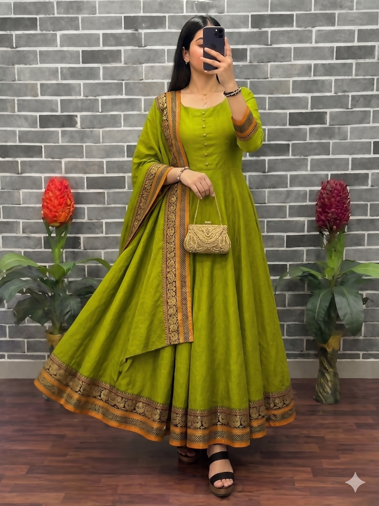 Teeya Creation New Trendy Stylish Olive Green Solid Anarkali Kurta with Traditional Golden Border Dupatta Set | Grocsy