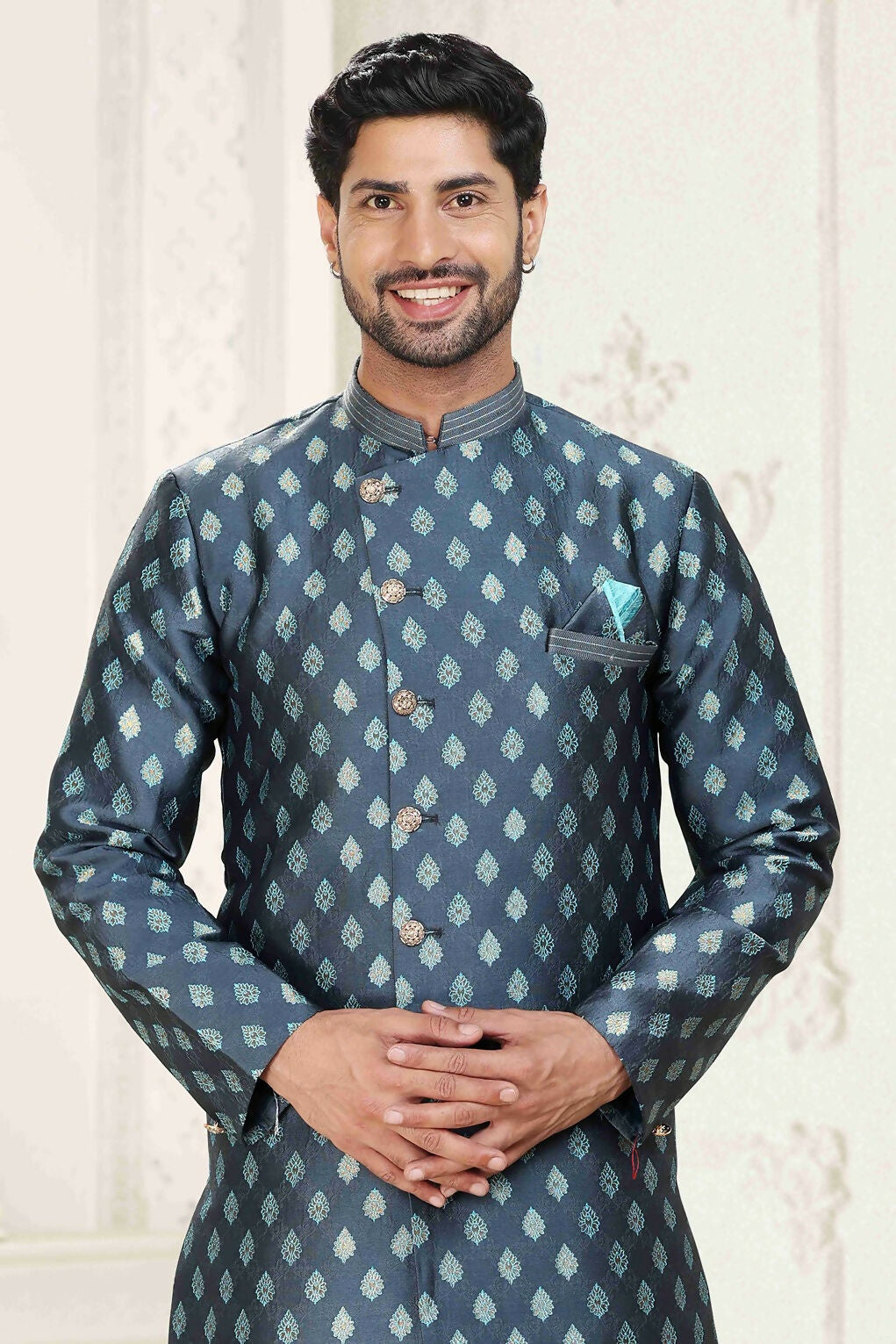 Raivat Ethnic Banarasi Jacquard Embroidery Semi Indo Western Sherwani In Grey Blue Colour | Grocsy