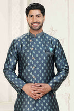 Raivat Ethnic Banarasi Jacquard Embroidery Semi Indo Western Sherwani In Grey Blue Colour | Grocsy