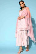 Ahalyaa Women Pink Colour Crepe Silver Foil Printed Kurta Sharara Set | Grocsy