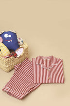 Breathables Kids Cotton Night Suit – Red & White Striped Shirt & Pyjama Co-Ord Set For Boys & Girls | Grocsy