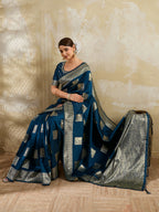 Shree Shyam Fashion Teal Blue Silk Blend Saree | Grocsy