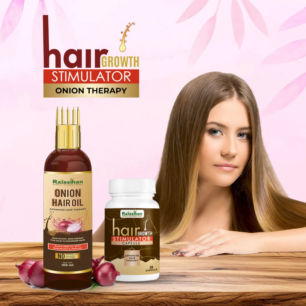 Rajasthan Herbals Onion Hair Oil & Hair Growth Stimulator Capsule Combo | Grocsy