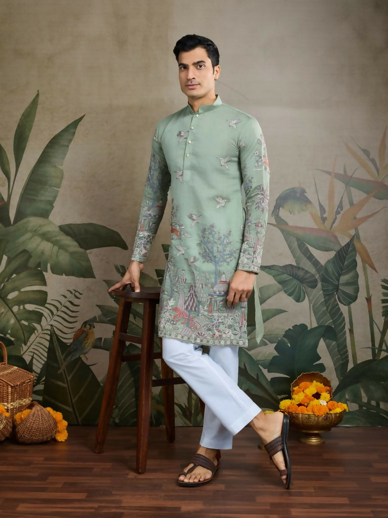 Vastranavya Pista Green Exclusive Festival Wear Viscose Silk Thread & Sequence Embroidered Work Kurta | Grocsy