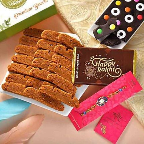 Floral Blue Beads Rakhi & Coffee Biscotti Hamper Combo | Grocsy
