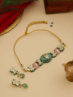 Ruby Raang 22k Gold Polished Kundan And Mint Colored Stonework Choker With Matching Earrings | Grocsy