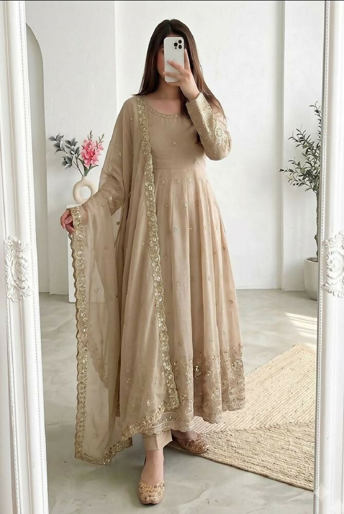 Teeya Creation New Stylish Trendy Elegant Cream Embroidered Anarkali Suit with Dupatta | Grocsy