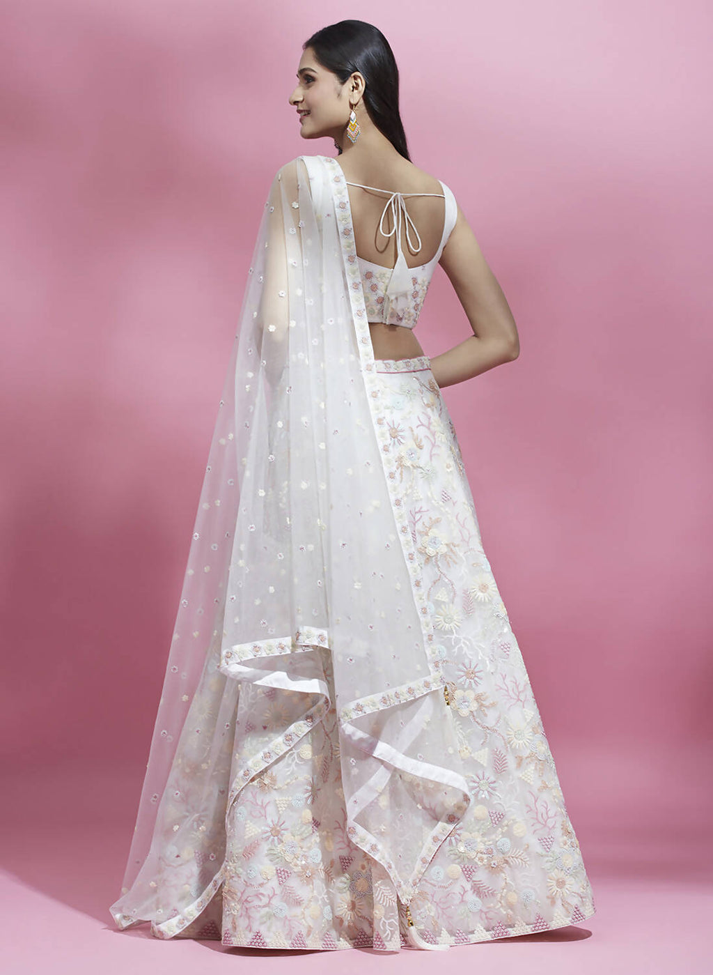 House of Panchhi Cream Net heavy Sequinse embroidery Lehenga choli & Dupatta | Grocsy