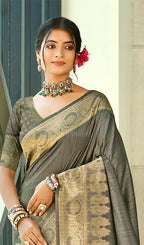 Sangam Prints Gray Blue Assam Silk Woven Work Traditional Saree | Grocsy