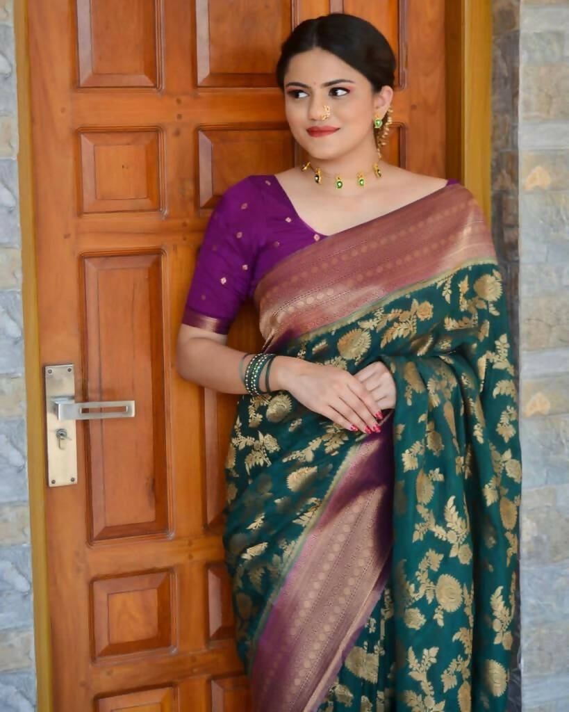 DEIANA'S Beautiful Designer Golden zari Soft Lichi Silk Saree - Teal | Grocsy