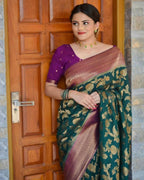 DEIANA'S Beautiful Designer Golden zari Soft Lichi Silk Saree - Teal | Grocsy