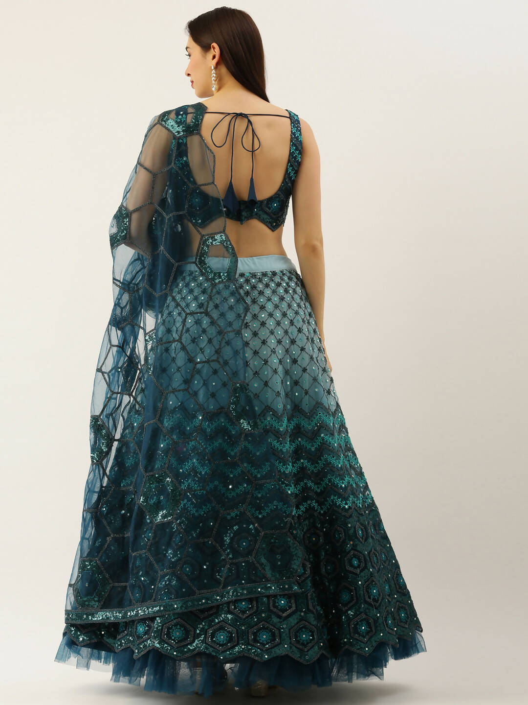 House of Panchhi Women Teal Net Embroidered Sequins Lehenga & Blouse with Dupatta | Grocsy