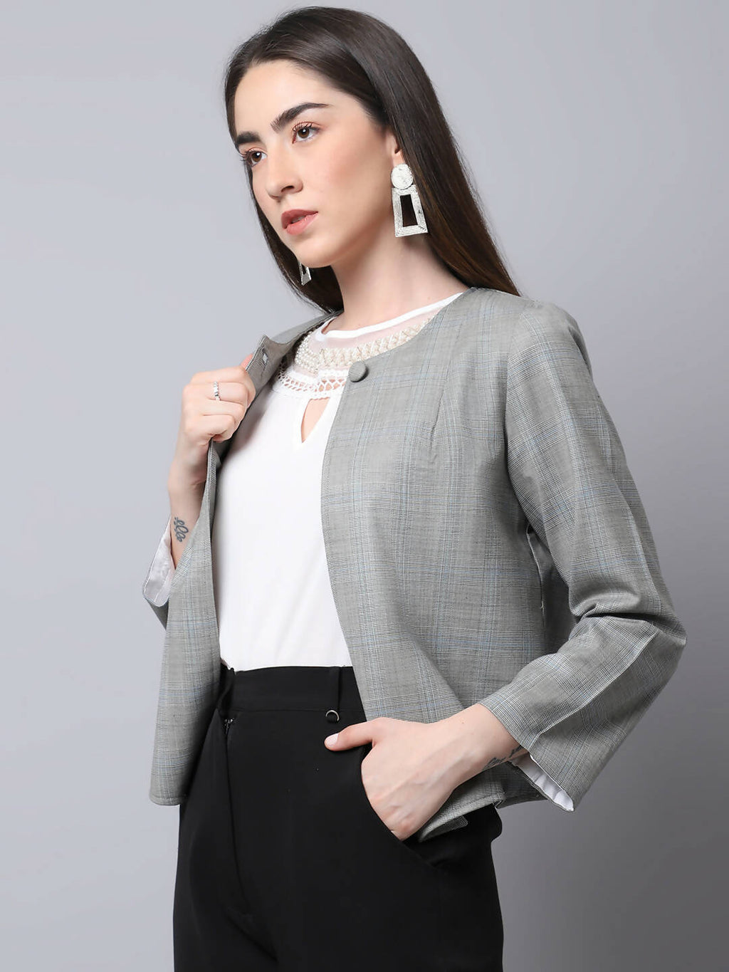 Even Apparels Grey Polywool Open Front Statement Women's Jacket (BF662) | Grocsy