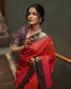 DEIANA'S Beautiful Designer Golden zari Soft Lichi Silk Saree - Orange | Grocsy