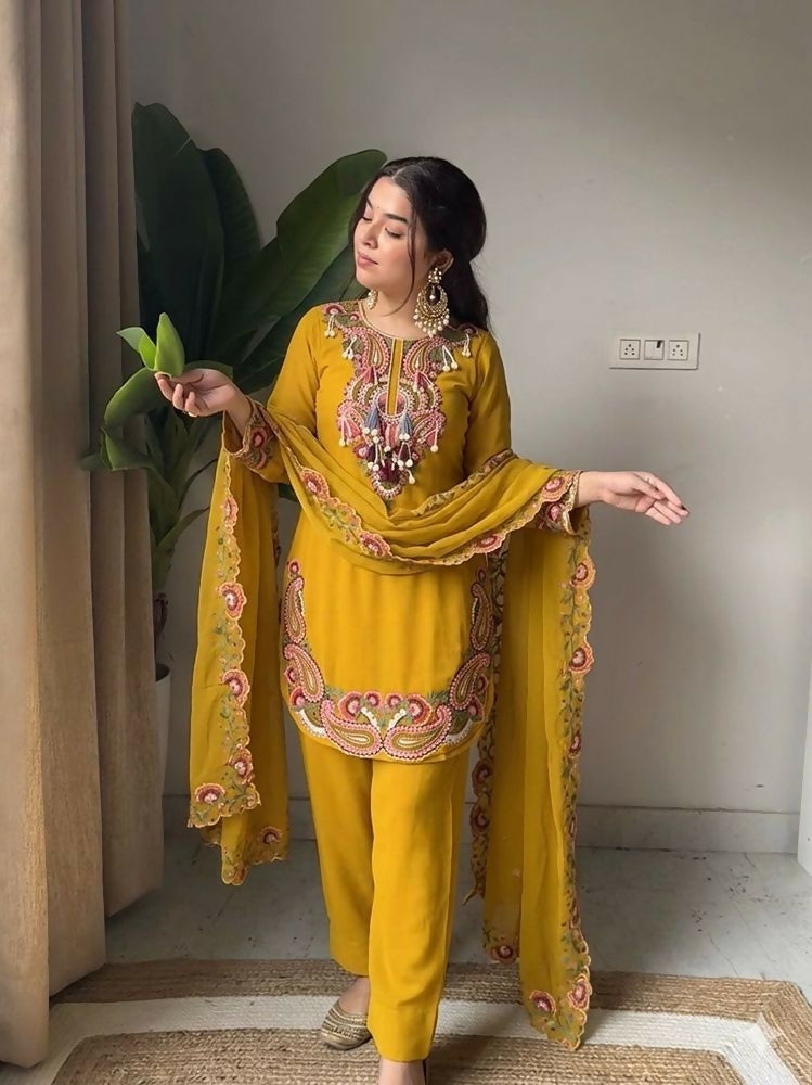 Teeya Creation New Women's Elegant Yellow Straight Cut Suit with Heavy Neckline Embroidery | Grocsy