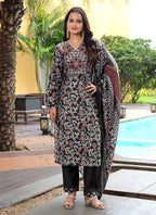Prazu Fashion Black Cotton Silk Floral Printed Thread Sequence Salwar Suit | Grocsy