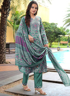 Prazu Fashion Teal Green Cotton Silk Floral Printed Thread Sequence Salwar Suit | Grocsy