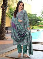 Prazu Fashion Teal Green Cotton Silk Floral Printed Thread Sequence Salwar Suit | Grocsy