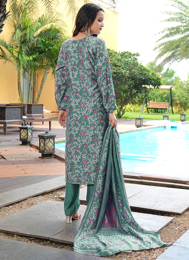 Prazu Fashion Teal Green Cotton Silk Floral Printed Thread Sequence Salwar Suit | Grocsy