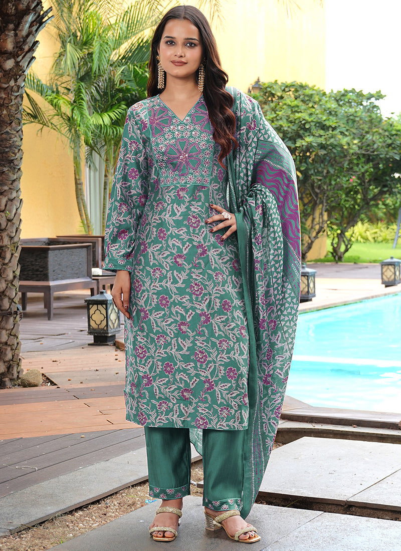 Prazu Fashion Teal Green Cotton Silk Floral Printed Thread Sequence Salwar Suit | Grocsy