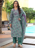 Prazu Fashion Teal Green Cotton Silk Floral Printed Thread Sequence Salwar Suit | Grocsy