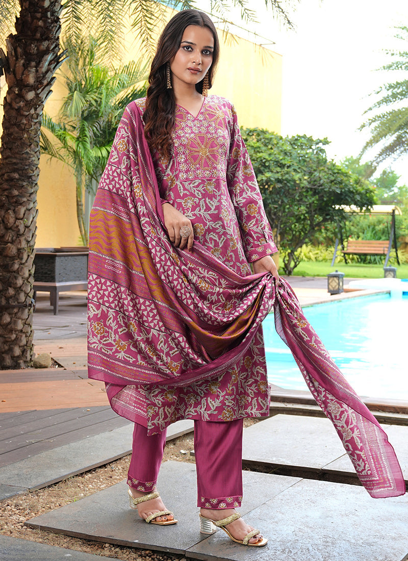 Prazu Fashion Maroon Cotton Silk Floral Printed Thread Sequence Salwar Suit | Grocsy