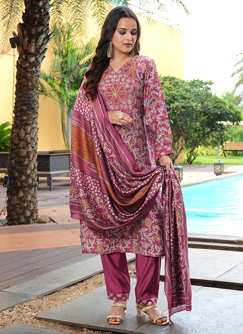 Prazu Fashion Maroon Cotton Silk Floral Printed Thread Sequence Salwar Suit | Grocsy
