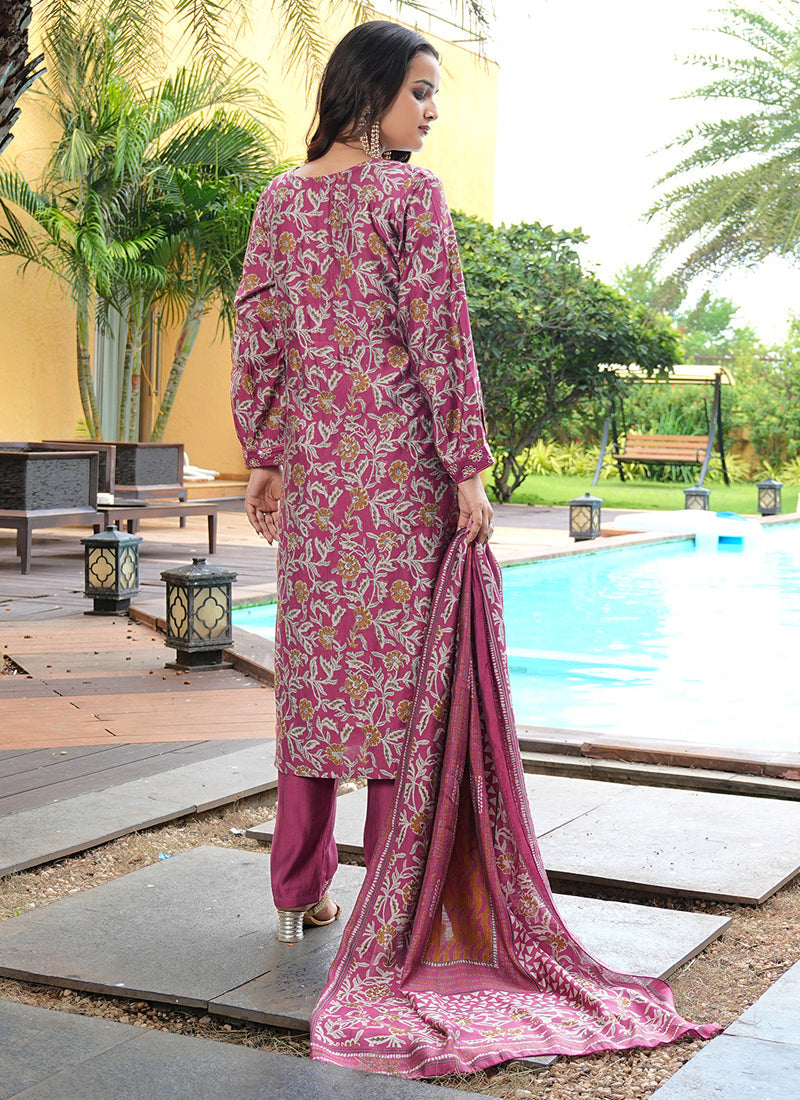 Prazu Fashion Maroon Cotton Silk Floral Printed Thread Sequence Salwar Suit | Grocsy