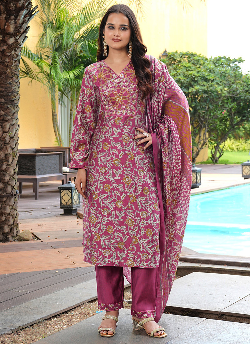Prazu Fashion Maroon Cotton Silk Floral Printed Thread Sequence Salwar Suit | Grocsy