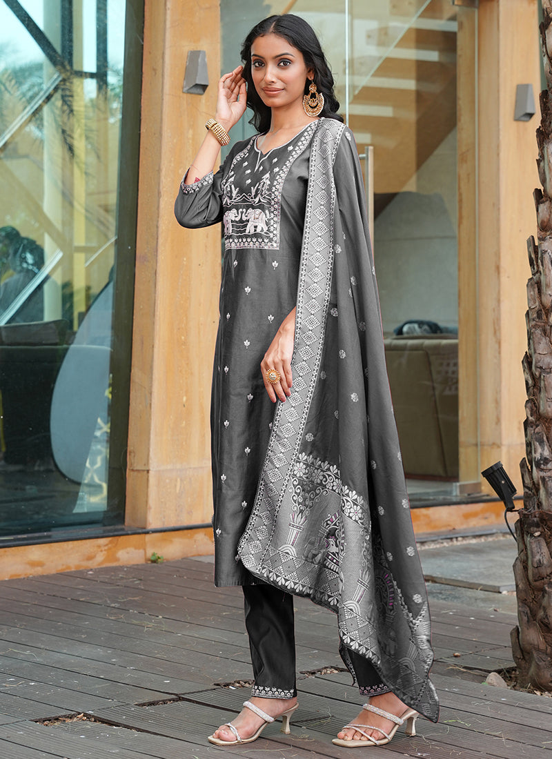 Prazu Fashion Grey Art Silk Thread Sequins Embroidered Wedding Suit | Grocsy