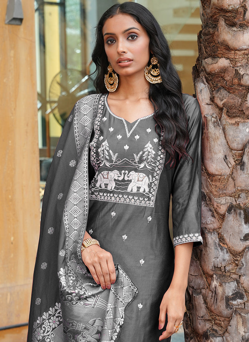 Prazu Fashion Grey Art Silk Thread Sequins Embroidered Wedding Suit | Grocsy