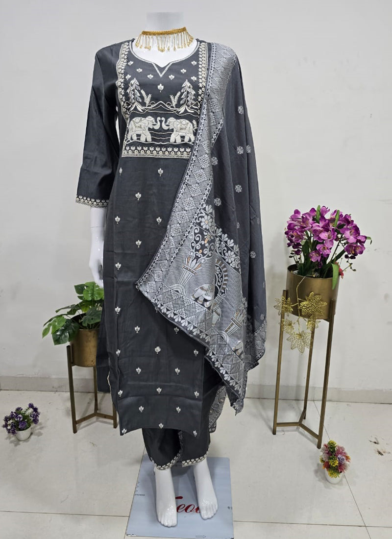 Prazu Fashion Grey Art Silk Thread Sequins Embroidered Wedding Suit | Grocsy