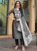 Prazu Fashion Grey Art Silk Thread Sequins Embroidered Wedding Suit | Grocsy