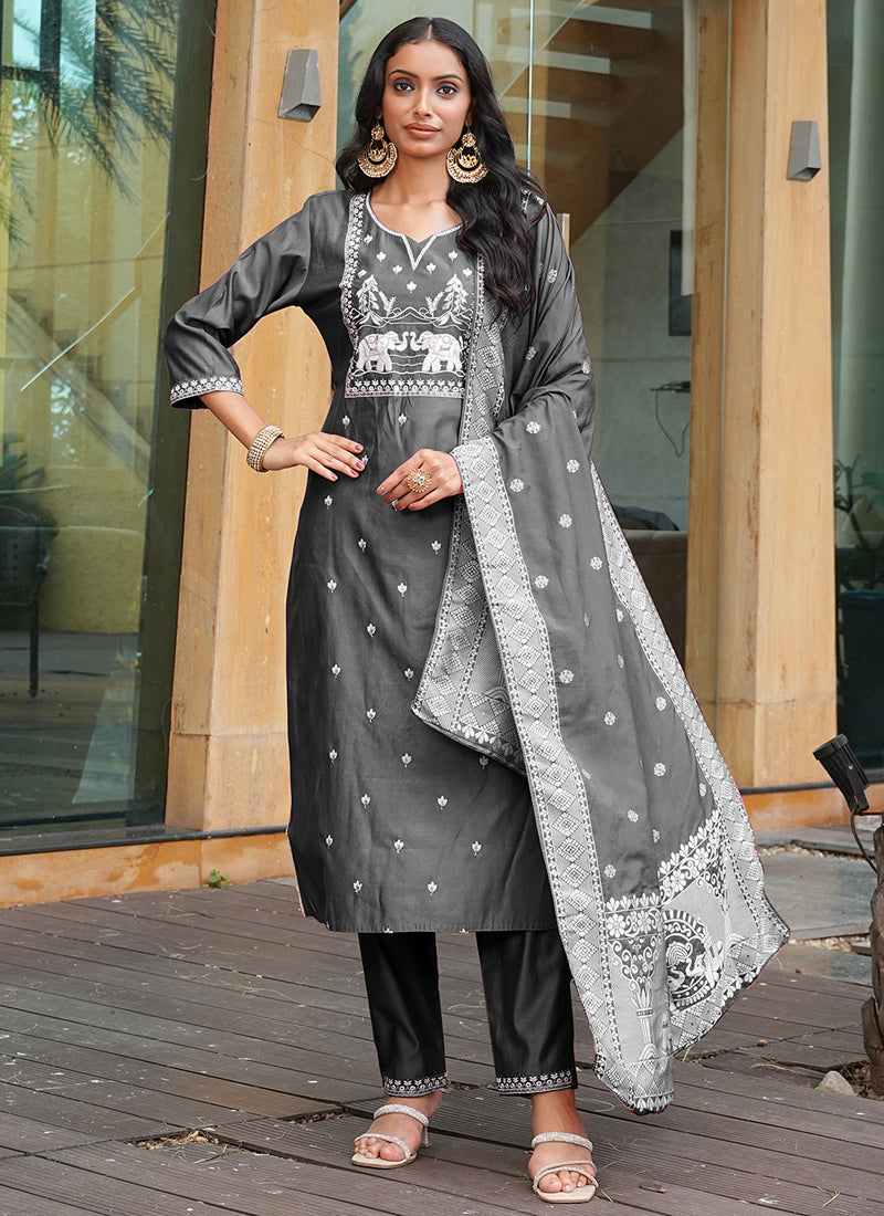 Prazu Fashion Grey Art Silk Thread Sequins Embroidered Wedding Suit | Grocsy