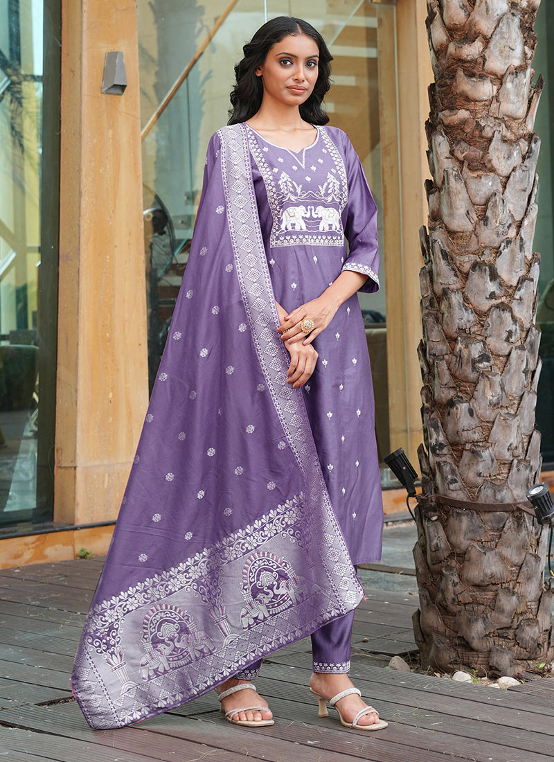 Prazu Fashion Lavender Art Silk Thread Sequins Embroidered Wedding Suit | Grocsy